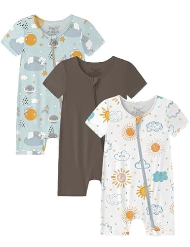 Jimonda Baby Romper Short Sleeve Footless Jumpsuit Rayon From Bamboo Boy Girl Summer Clothes 2-Way Zipper Pajamas 3-Pack(Universe&Camel&Sky,18-24 Months) - Image 1