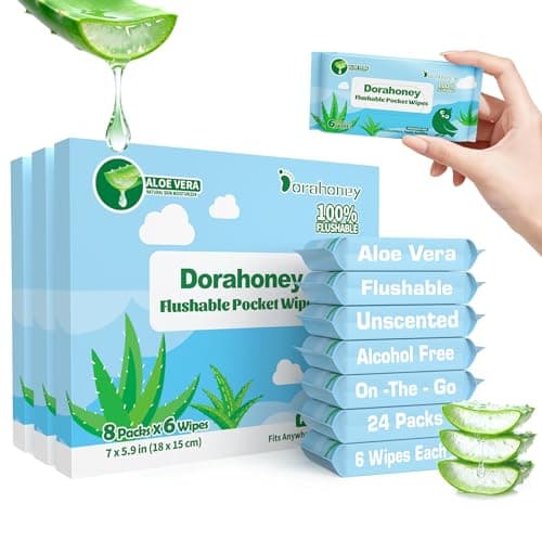 Dorahoney Flushable Travel Wipes with Aloe Vera, 99% Water Moisturizing Mini Wet Wipes for Sensitive Skin, Unscented Pocket Wipes for On The Go Travel Essentials, Total 144 Count (24 Packs of 6) - Image 1