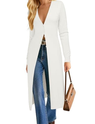 GRACE KARIN Womens Long Cardigan Trendy, Lightweight Knit Dusters Coat, V Neck Button Up Sweater Maxi Dress White L - Image 1