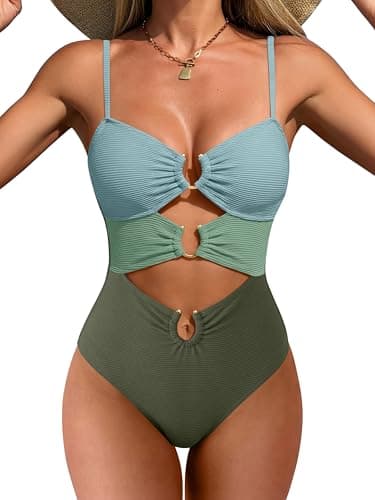 ANRABESS Women One Piece Swimsuits Sexy Cutout Full Coverage Bathing Suit Ring Link Ruched Monokini Beach Swimwear Green Color Block Small - Image 1