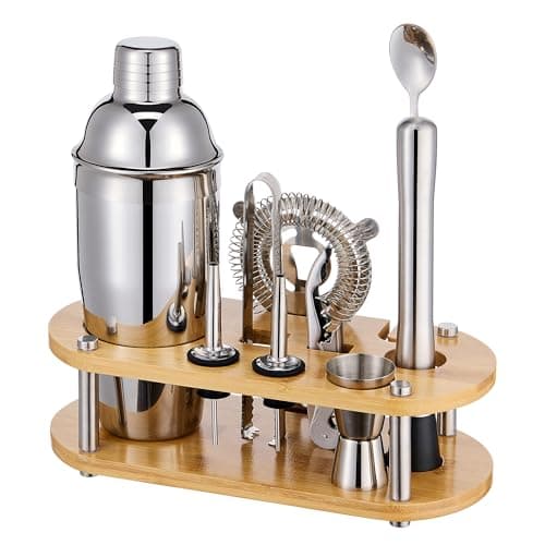 Cocktail Shaker Set Bartender Kit - 11 Pcs Bar Tool Set with Bamboo Stand & All Bar Accessories: Martini Shaker, Strainer,Jigger, Muddler, Mixer Spoon Barware Kit, for Bar, Home Lounge & Party - Image 1