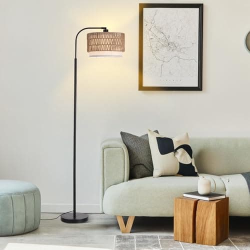 YJSQOEOE Arc Floor Lamp for Living Room,Boho Standing Lamp with Rattan & Fabric Shades,Farmhouse Floor Lamps with Foot Switch,Adjustable Tall Lamp for Bedroom, Office,LED Bulb Included - Image 1