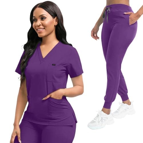 YEZEX Scrubs for Women Set, Stretch V-Neck Top & Jogger Scrub Pants, Dark Purple