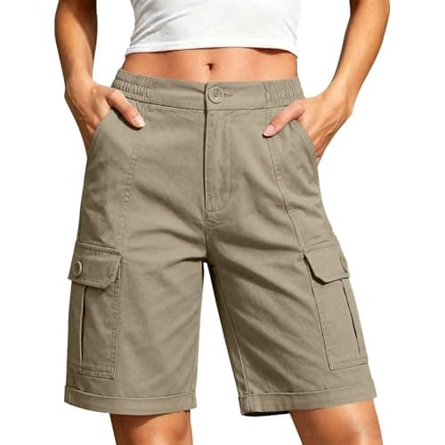 Womens Bermuda Shorts Knee Length, Casual High Waisted Wide Leg Short Women, Relaxed Fit Lightweight Women's Cargo Shorts with Multi Pockets for Summer, Hiking, Fishing, Working Beige XXL