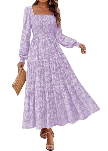 KIRUNDO Wedding Guest Dresses for Women 2026 Fall Long Sleeve Smocked Floral Flowy Spring Baby Shower Maxi Dress Pockets (Purple, Medium) - Image 1
