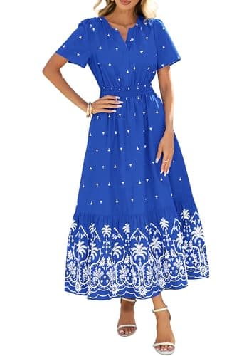 BTFBM Summer Dresses for Women 2026 Casual V Neck Short Sleeve Flowy Wedding Guest Beach Vacation Floral Boho Maxi Dress(Royal Blue White Flower, Large) - Image 1