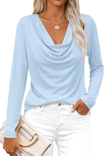 PRETTYGARDEN Womens Spring Tops 2026 Dressy Cowl Neck Long Sleeve Shirts Loose Business Casual Blouses Teacher Tunic Top(Sky Blue,XX-Large) - Image 1