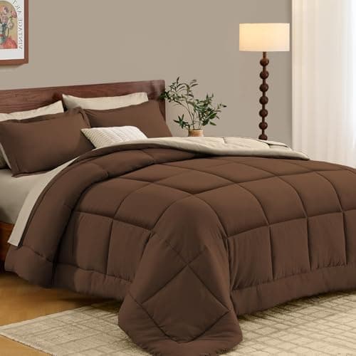 FUANNA King Size Comforter Set 7 Pieces, Reversible Bedding Sets with All Season Comforter, Bed in a Bag Includes Comforter, Flat Sheet, Fitted Sheet, Pillowcases & Shams, Dark Brown & Oatmeal - Image 1