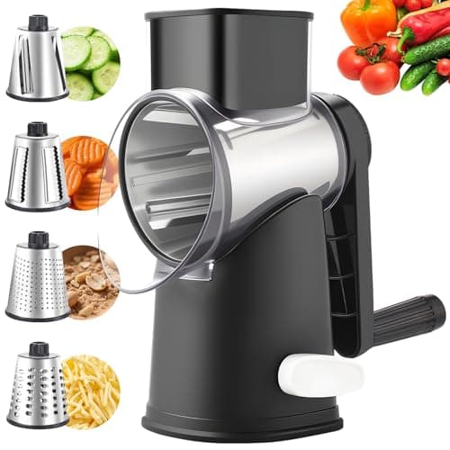 Weltonhm Rotary Cheese Graters with 4 Blades, Hand Crank Cheese Grater with Waffle Slicer, Black and White Cheese Shredder with Suction Base, Easier for Shredding & Grating (Black, 4 Graters) - Image 1