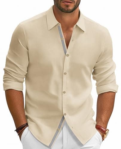 PJ PAUL JONES Mens Casual Dress Shirt Wrinkle Free Button Down Shirts Long Sleeve Untuckit Shirts Apricot L - Image 1