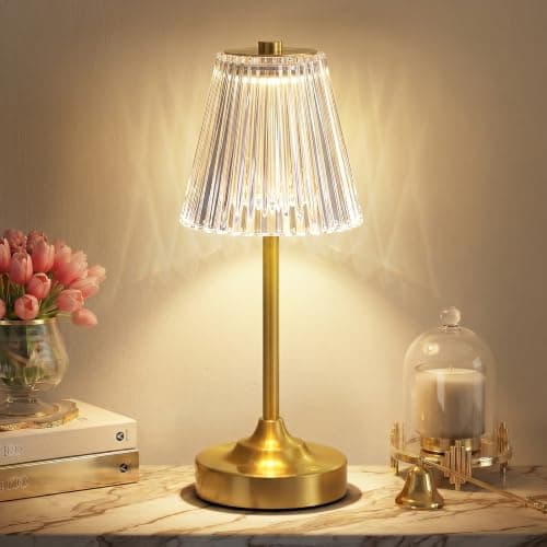 Gold Cordless Rechargeable Table Lamp, Touch Battery Powered Lamp, 3 Color Modes, Crystal Acrylic Lampshade, Portable Ambient Night Light for Desk, Bedroom, Living Room, Dining Room, Kitchen, Bar - Image 1