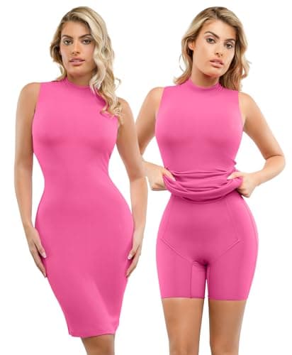 Popilush Shapewear Dress Midi Bodycon - Mock Neck Built in Shapewear Bra 9 in 1 Sleeveless Slip Dress for Women Pink - Image 1