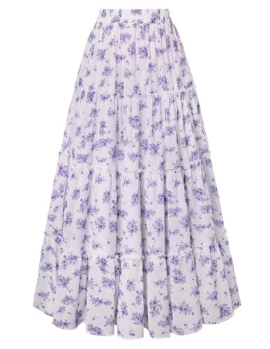 Scarlet Darkness Floral Maxi Long Skirts for Women Summer 2026 Tiered Skirt Flowy Boho Fairy Skirt with Pockets White Lavender Floral M - Image 1