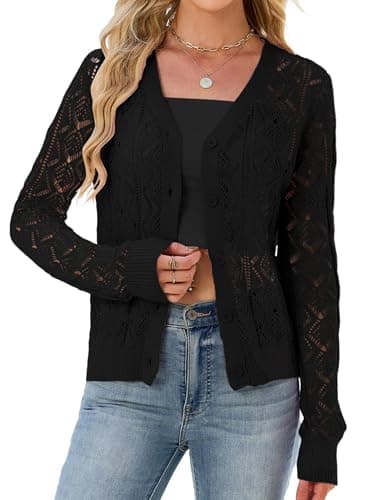 ZAFUL Womens Crochet Cardigan Cotton Long Sleeve Sweaters Trendy Lightweight Button Down Knit Shrugs Tops Black XL