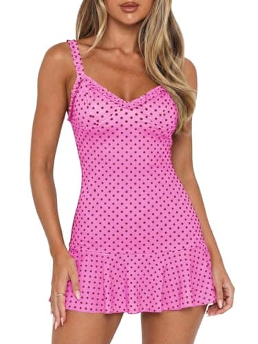 Wenrine Womens Spaghetti Strap Polka Dot Mini Dress Casual Sleeveless V Neck Short Summer Beach Dresses - Image 1