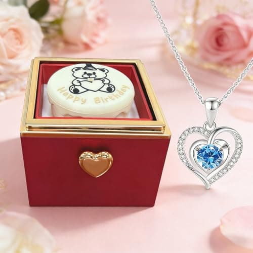 Bear Cake Rotating Ring Jewelry Box with S925 Necklace & 999 Silver Pendant, Blue Zirconia Ring Box for Proposal Engagement Wedding Birthday Gift, Surprise Flip Ring Bearer Box (Red Box+Necklace) - Image 1