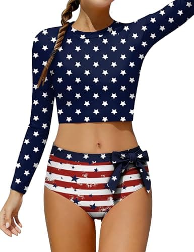 GEMLON Girls Bathing Suits Size 10-12 American Flags Long Sleeve Rash Guard and Tropical Print Shorts with Bow 4th of July - Image 1