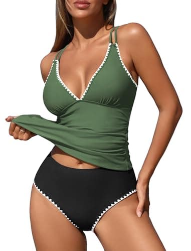 ZAFUL Womens V Neck Tankini Swimsuits Color Block Bikini Top Double Shoulder Straps Bikini Ruched Swim Suits with High Waisted Bottoms Summer Bathing Suits (Green&Black M) - Image 1