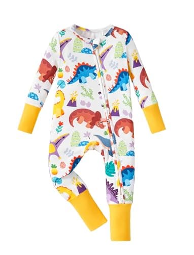 PATPAT Baby Pajama with Bamboo Viscose, Footie Jumpsuit Romper with 2-Way Zipper for Baby Boy Girl Toddler Sleeper Sleepwear, Dino Vibrant, Baby:9-12 M - Image 1