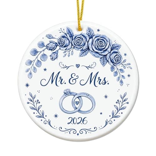 WhatSign Mr & Mrs 2026 Wedding Ornament - Something Blue Floral Ceramic Keepsake, Blue Rose Wreath Wedding Gifts for Couples 2026, Engagement Anniversary Hanging Ornament, Double-Sided Print - Image 1