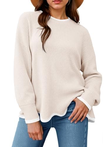 Saodimallsu Womens Sweaters Apricot Contrast Color Crewneck Pullover with Wave Hem Long Sleeve Jumper Trendy 2025 - Image 1