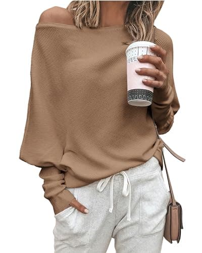 Zenlonr Women's Fall Sweaters 2025 Casual Long Batwing Sleeve Loose Off Shoulder Knit Pullovers Jumper Tops(Khaki,Large) - Image 1