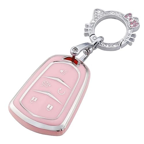 Pangpai Pink Key Fob Cover for Cadillac, Soft TPU Key Case Protection with Bling Keychain Fit for Cadillac Escalade CTS SRX XT5 ATS CT6 5 Buttons Smart Key Case - Image 1