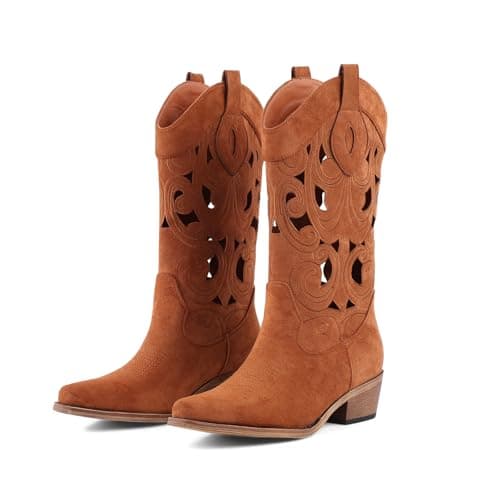LingxiaUne Brown Cowboy Boots Women, Suede Cutout Design Western Mid-Heel Cowgirl Boots, Pointed Toe Retro Casual Party Boots - Image 1
