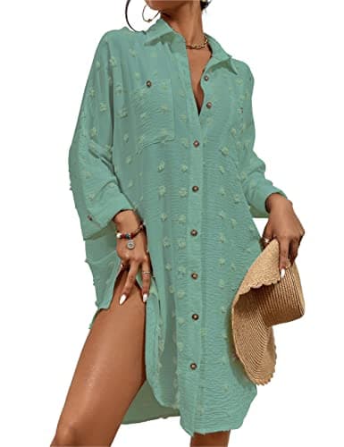 Bsubseach Women Swimsuit Coverup Blouse Button Down Shirt Dresses Swiss Dot Tops Blue Green - Image 1
