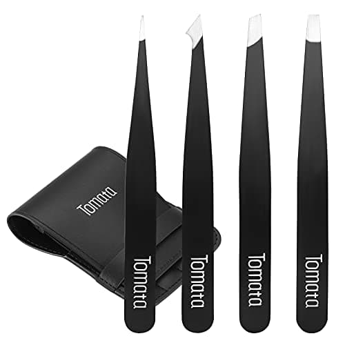 Tomata Tweezers for Eyebrows, 4-piece Slant Tip and Pointed Eyebrow Tweezer Set Great Precision for Eyebrows Facial Hair, Ingrown Hair, Splinter, Blackhead and Tick Remover (Black) - Image 1