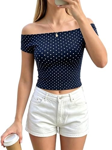 Polka Dot Top Off The Shoulder Tops for Women 2026 Summer Short Sleeve Crop Y2K Going Out Tee Shirt Cute Floral Tank Blouse Navy - Image 1