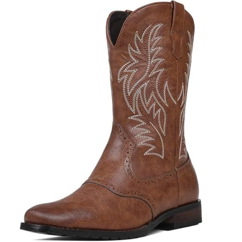 Tarkwa Cowboy Boots for Men, Western Men's Boots, Slip on Square Toe Boots, Slip Resistant Country Boots, Chunky Heel Ankle, Durable Short Boots for Spring Fall, Brown Szie 11.5 - Image 1