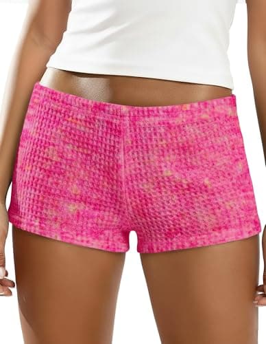 IWOLLENCE Women's Rainbow Micro Shorts Knit Lowrise Y2K Going Out Bottoms Booty Mini Shorts Gingham Summer Beach Coverup Hotpants Colorful Rose Red, S - Image 1