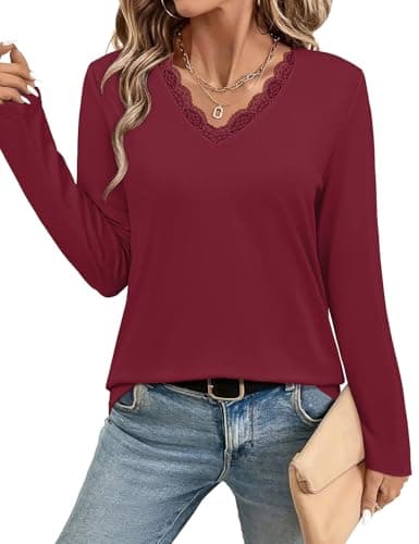 JUSTFASHIONNOW Shirts for Women Long Sleeve Lace Tops V Neck Solid Tshirt Plus Size Blouses Business Casual Fashion Tops Trendy Winter Clothes (Wine Red,XX-Large) - Image 1