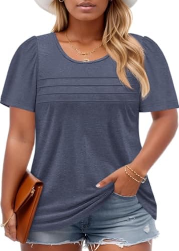 Imily Bela Womens Plus Size Tops 2025 Dressy Casual Short Sleeve Tunic Summer Crew Neck Flowy Pleated Tees Dark Blue - Image 1