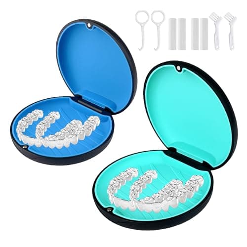 ACSKD 2 Pack Retainer Case Compatible with Invisalign,Portable Aligner Cases with Chew Remover Tool and Brush (Blue+Cyan Silicone)