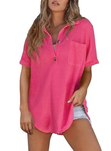Astylish Women V Neck Waffle Knit Button Henley Spring Summer Tops Flattering Casual Soft Short Sleeve Pullover Blouses Rose Red Large - Image 1