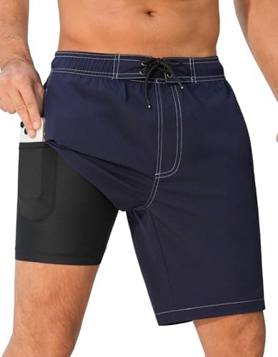 SILKWORLD Men's Quick Dry Board Shorts Solid Stretch Bathing Suit with 4-Hole Waistband Drawstring Swimming Trunks for Men, Navy, X-Large - Image 1