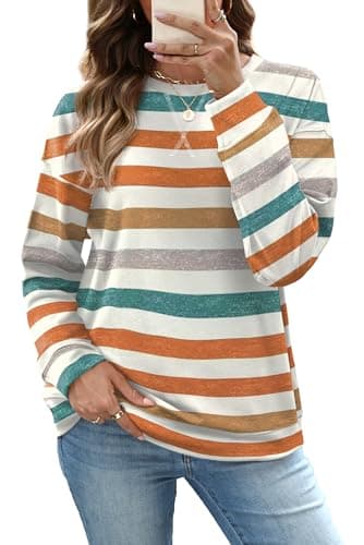 RUMIA Womens Ladies Casual Long Sleeve Crewneck Sweatshirt Loose Fit Plaid Basic Pullover Tunic T Shirts Tops Sweatshirts for Women 2025 Fashion Fall Orange Plaid S - Image 1