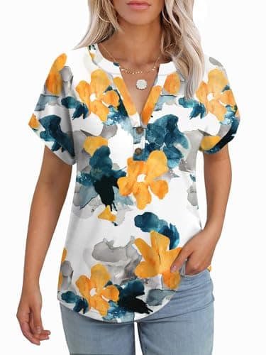 GKBK Womens Short Sleeve Henley Tops V Neck Dressy Casual Blouses Summer Trendy Tee Shirts 2026 Vacation Going Out Resort Wear Fashion Clothes Print Flower L - Image 1