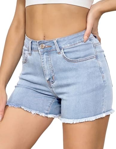 VIPONES Women Jean Shorts High Waisted Stretchy Frayed Raw Hem Vintage Casual Denim Shorts(85-Blue Breeze,12) - Image 1