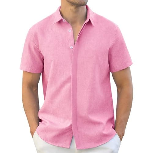 Rioofinx Men's Button-Down Shirts Wrinkle Free Short Sleeve Shirt Textured Linen-Look Casual Top for Summer, Beach Vacation Linen-Pink XXL - Image 1