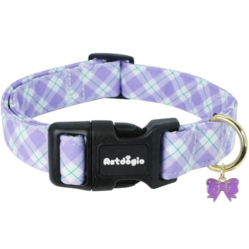 Astdogio Dog Collar with Purple Striped Checkered for Spring Summer, Adjustable Cotton Puppy Collar for Small Medium Large Girl Boy Dogs-M - Image 1
