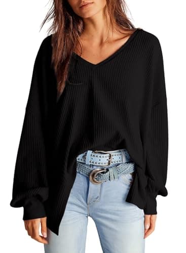 Dokotoo Womens Tops Early Fall Fashion Winter Casual V Neck Lantern Sleeve Solid Color Shirt Lightweight Pullover Shirt Fashion Waffle Knitted Tops Black T-Shirts Large - Image 1