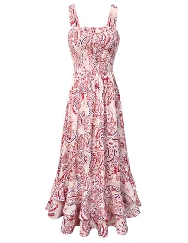 GRACE KARIN Women's 2026 Summer Floral Boho Dress Square Neck Strapped Swing A Line Sundress Beach Long Maxi Outfits Pink Flower XL - Image 1