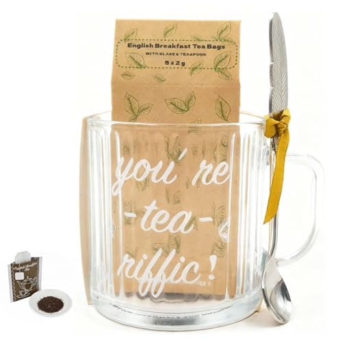 HJOCMLE Ribbed Glass Mug Birthday Gift Set for Women Funny“You’re Tea‑riffic” Clear Glass Cup with English Breakfast Tea & Spoon as Gift Boxed for Coffee & Tea Lovers - Image 1