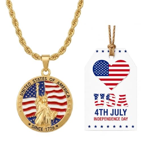 Uloveido Patriotic Necklace for Men & Women | 18K Gold Plated Copper Pendant, Stainless Steel Rope Chain 50cm | Statue of Liberty USA Flag Jewelry | Independence Day 1776th Anniversary YA7090 - Image 1