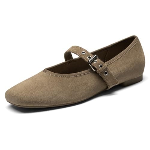 Rihero Ballet Flats Shoes for Women Comfortable Dressy Suede Mary Jane Flats Square Toe Buckle Strap Casual Ballerina Shoes Taupe Size 11 - Image 1