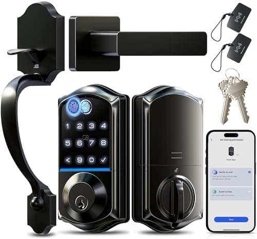 Veise VE017-H Fingerprint Smart Front Door Lock Set, App Control, 8-in-1 Keyless Entry Deadbolt with Zinc Alloy Handles, Emergency Power Port, Touchscreen Keypad, Auto Lock, Easy Install, Matte Black - Image 1