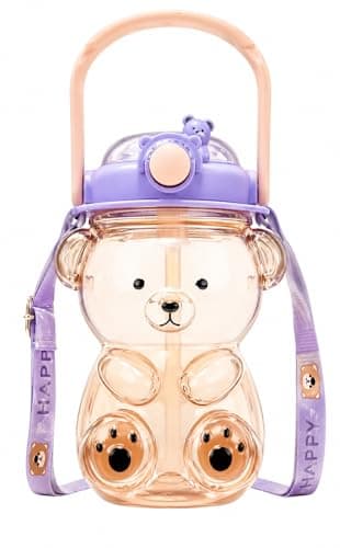 DegoCython Bear cup, 31.5 Ounce BPA-Free Food Grade Plastic Cup, Drop-Resistant Leak-Proof Dual Seal, Removable Straw with Portable Handle, Adjustable Strap for Kids Daily Use, School & Travel - Image 1